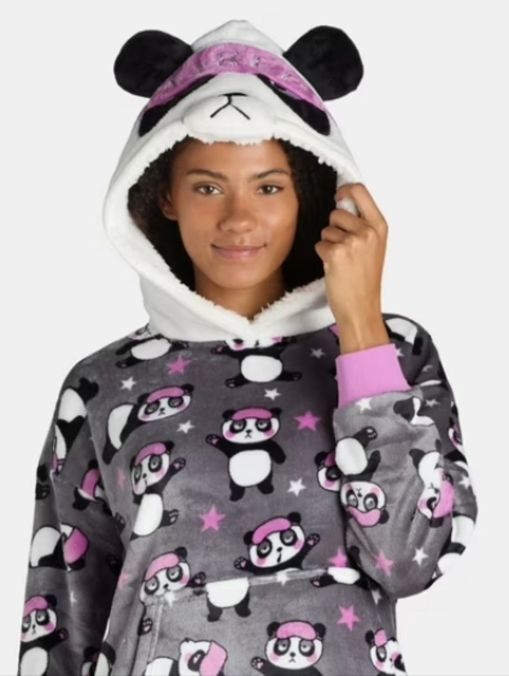 Holiday Time Plush Panda Lounger With Hood-Gray, Pink, & Black. Medium (8-10). - Picture 11 of 13